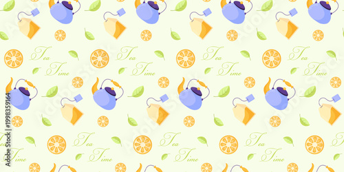 Vibrant pattern with tea kettle, tea bag, flowers, lemons, tea leafs and text.  Modern seamless pattern with tea theme. Design for textile,fabric, posters,packaging,banners,menu,decorations. Vector 