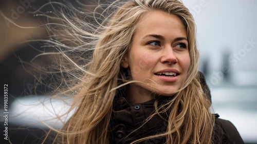 Close-up footage of a young woman outdoors by the sea, hair blowing in strong wind on an overcast day. Natural lifestyle portrait with shallow depth of field