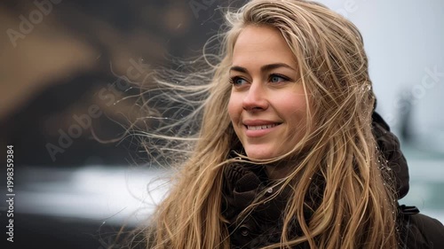 Close-up footage of a young woman with eyes closed and hair blowing in strong wind, wearing a warm jacket outdoors in cold winter weather, calm and relaxed mood