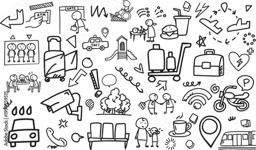 Horizontal Urban Mall and Airport Facilities Doodle Pattern