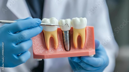 Dentist in blue gloves explaining a dental implant model with a tool, showing tooth structure and restorative dentistry technique footage