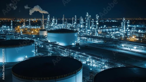 Industrial chemical plant factory with fuel storage tank and oil refinery manufacturing at night, aerial footage