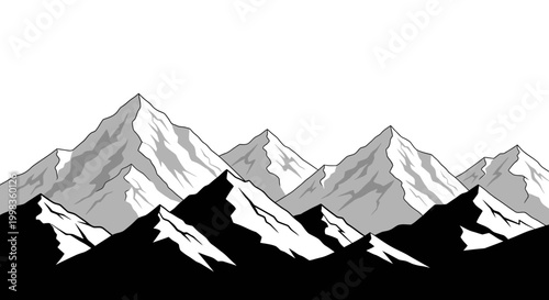 Detailed Greyscale Mountain Range Landscape with Snow-capped Peaks and Realistic Shading, Vector Illustration on Isolated White Background