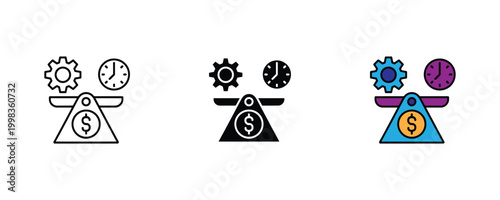 Business work life balance and time management scale icon set. Financial stability, productivity gear optimization, and deadline pressure equilibrium symbol.