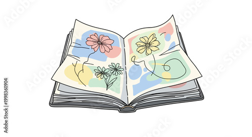 Open Book with Colorful Flower Illustrations.