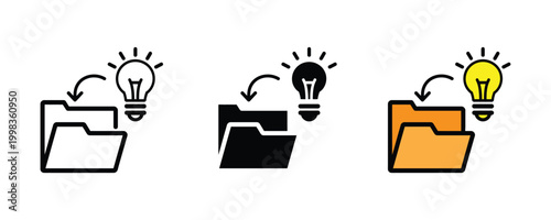 Creative idea folder storage and knowledge management icon set. Light bulb insight documentation, business innovation filing, and digital project brainstorming symbol.