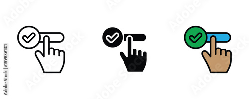 Hand clicking check mark button for approval and confirmation icon set. User interface selection, task completion success, and digital choice verification symbol.