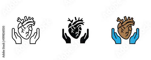Human heart care and cardiology health icon set. Hands protecting anatomical heart organ, cardiovascular medical insurance, and life safety symbol.