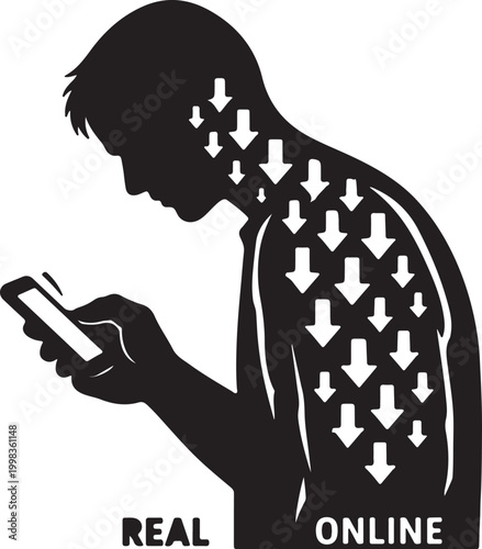 Hollow Human Figure Scrolling Endlessly on Smartphone Concept