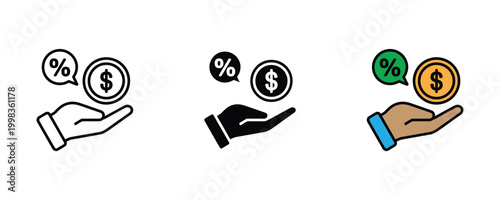Financial investment and percentage profit return icon set. Hand holding dollar coin with interest rate bubble, tax cashback, and banking commission symbol.