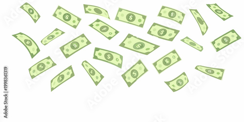 numerous green dollar bills scattered on white background