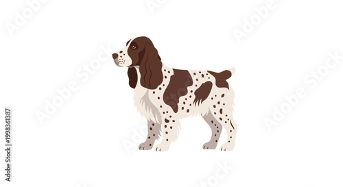 English Springer Spaniel Dog Vector Illustration - Liver and White Spotted Hunting Dog Standing Profile
