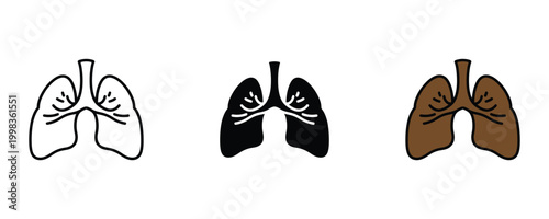 Human lungs respiratory system icon set. Anatomical organ for breathing, pulmonary health care, and medical biology oxygen exchange symbol.