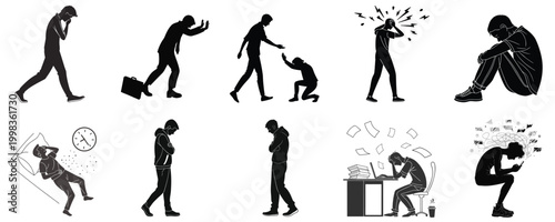 Workplace stress and digital fatigue vector set featuring silhouettes of exhausted office workers and people using phones.
