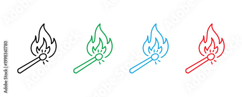 Burning matchstick fire flame icon set. Emergency hazard warning, ignition light source, and outdoor survival camping gear symbol.