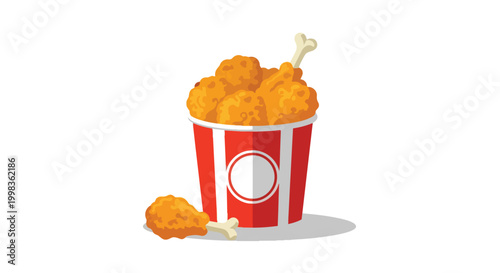 Crispy Fried Chicken Drumsticks in Red and White Striped Bucket Fast Food Meal Vector Illustration Isolated on White