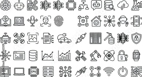 Artificial intelligence and automation line icon set for agentic AI and robotic engineering
