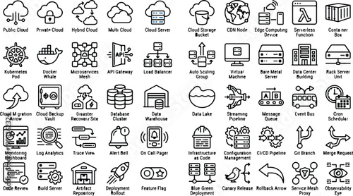 Cloud computing and database infrastructure icon set for enterprise technology and network storage