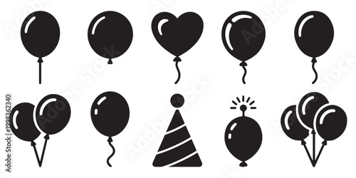 Set of black silhouette balloons and party hat icons for celebration and festive design