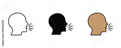 Human head speaking and voice recognition icon set. Audio sound wave communication, speech therapy oral health, and digital assistant command symbol.
