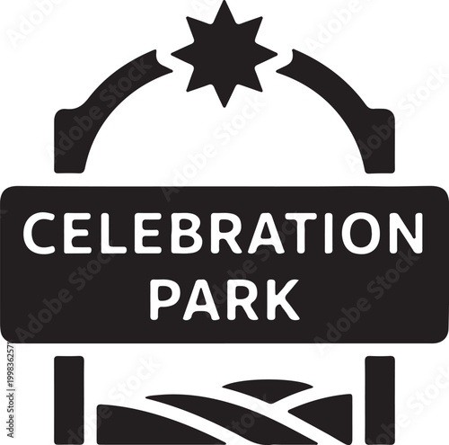 A black and white vector illustration of a park entrance sign with an arched top, a star emblem, and the text "CELEBRATION PARK" on the main board.