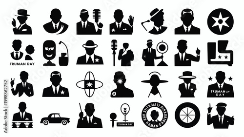 Vintage retro style graphic design elements collection featuring silhouette icons of men in suits hats microphones cars and abstract geometric symbols for projects