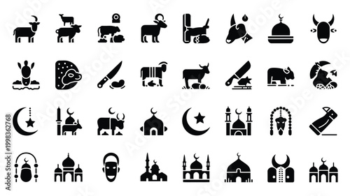 Collection of islamic and eid al adha symbols mosque crescent moon star animals for sacrifice sheep cow goat butcher knife beads and traditional islamic headwear