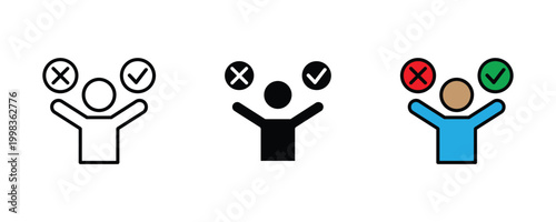 Right or wrong decision making icon set. Man choosing between check and cross mark, ethical dilemma solution, and business true or false option symbol.