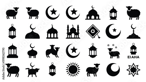 Collection of islamic symbols including crescent moon star mosque lantern sheep silhouettes and sun representing eid al adha ramadan and islamic culture perfect for religious
