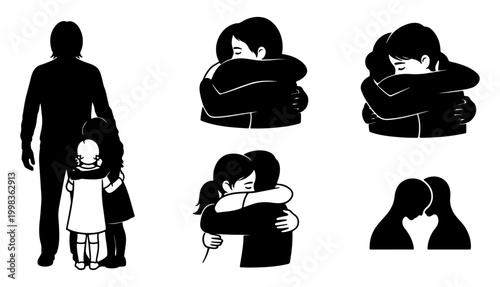 Diverse silhouettes depict heartfelt human embraces illustrating connection and comfort.