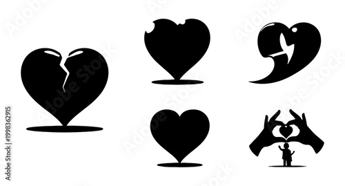 Different stylized black heart icons depicting various emotional states.