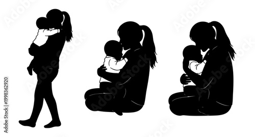 Three silhouette illustrations show a mother caring for her baby