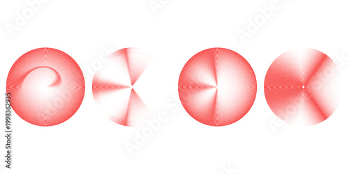 Red concentric ripple circles set. Sonar or sound wave rings collection. Epicentre, target, radar icon concept. Radial signal or vibration elements. Halftone vector illustration