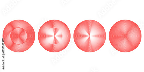 Red concentric ripple circles set. Sonar or sound wave rings collection. Epicentre, target, radar icon concept. Radial signal or vibration elements. Halftone vector illustration