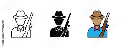 Hunter with rifle and hat icon vector set. Forest ranger or gamekeeper character, outdoor shooting sport, and wildlife management symbol.