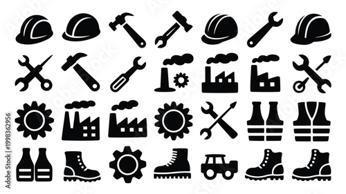 Industrial and construction elements collection including hard hats hammers wrenches factories with smoke gears safety vests work boots and bottles presented as black silhouette