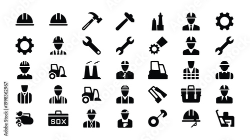 Professional construction and engineering icon set featuring industrial workers heavy machinery safety gear and essential tools in a clean minimalist black design