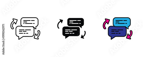 Chat bubble message exchange and sync icon set. Social media communication conversation, instant messaging feedback, and digital dialogue synchronization symbol.