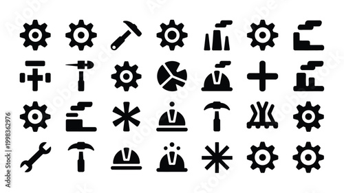 Set of thirty flat black industrial and construction icons featuring gears tools factory buildings and safety helmets for engineering manufacturing and design projects