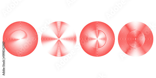 Red concentric ripple circles set. Sonar or sound wave rings collection. Epicentre, target, radar icon concept. Radial signal or vibration elements. Halftone vector illustration