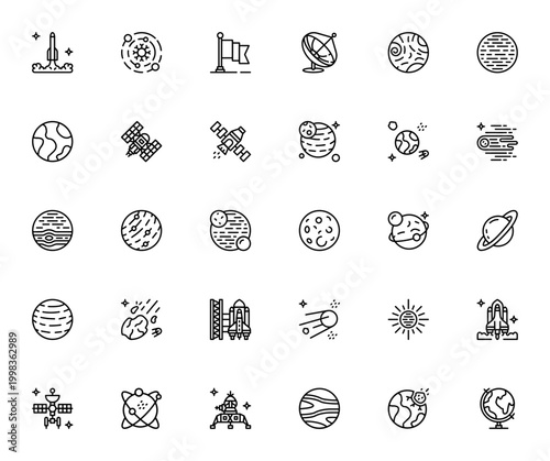 Space icon set. Vector illustration of rocket, planet, satellite, solar system and more. Includes earth, mars, sun, moon, comet and meteorite.