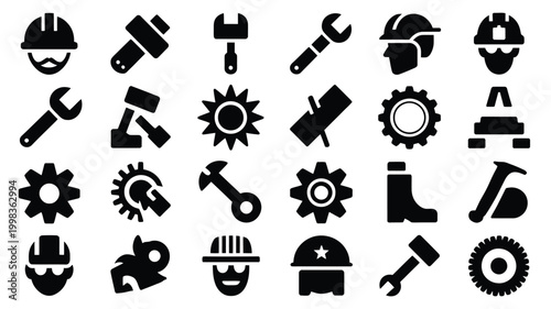 Diverse collection of black silhouette icons representing industrial labor construction engineering and mechanical work featuring tools helmets gears and machinery elements