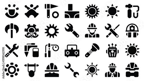 Diverse collection of black stencil style silhouette icons representing industry science and technology featuring gears tools hard hats welding equipment and sun symbols arranged