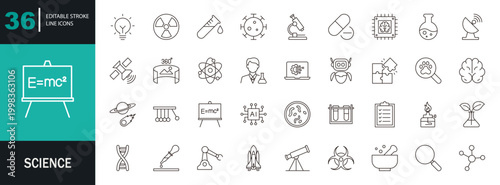 Science icon set. Containing laboratory, equipment, scientists, biology, experiment, research, physics, chemistry, and more. Editable line icons. Vector illustration. 