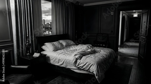 Dramatic film noir style bedroom interior with messy bed and city skyline at night, black and white
