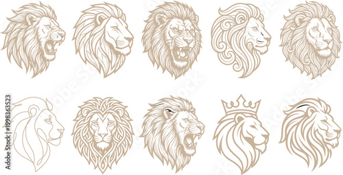 Lion head icons, gold line art, 10 profile portraits, royalty free vector graphics