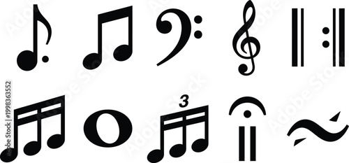 Music notes, musical symbols, treble clef, bass clef, vector notes