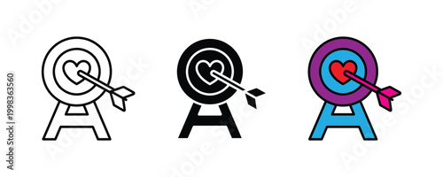 Heart target with arrow icon vector set. Love goal achievement, romantic hit success, and creative relationship passion objective symbol.