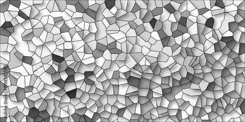 Detailed grayscale abstract tessellation of irregular polygons with subtle shading and outlines creating a complex textured background for design