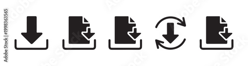 Collection of file download icons with arrows and refresh symbols for managing digital content and documents.
